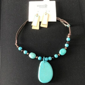 Carol D Studio Turquoise,leatherette Choker Necklace & Earring Set.Western